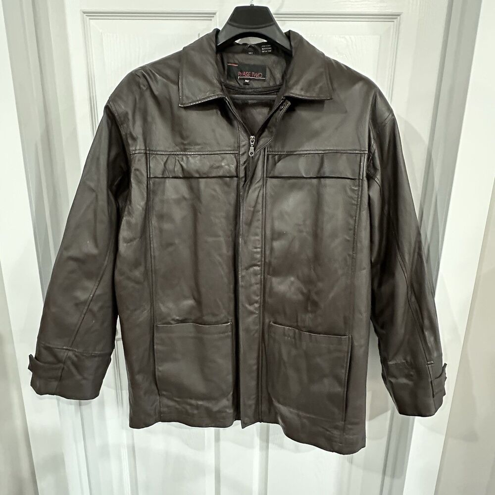 Casual Dress Leather Jacket Mens XXLT Brown Classic Collar Phase Two - Zip Liner